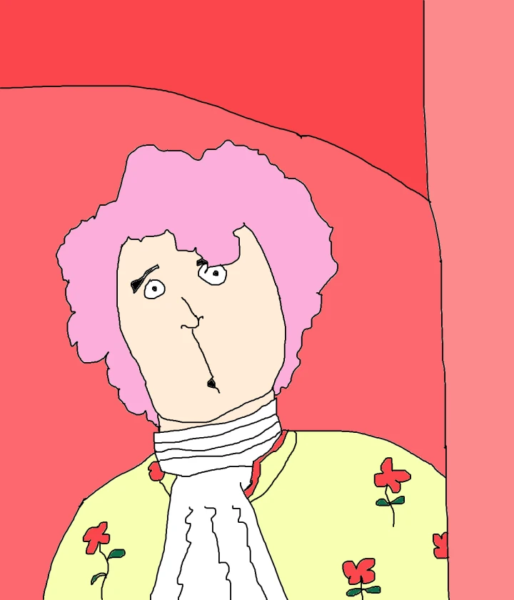 A portrait with pink curls, raised eyebrows and a white ruffled neckcloth wears a pale yellow coat patterned with red flowers against a coral background.