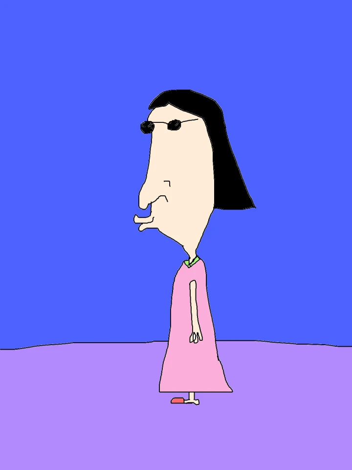 A figure with a long face, straight black hair and small round sunglasses stands in a pink dress against blue and lilac blocks of colour.