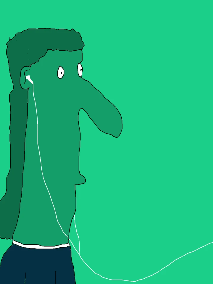 A green profile with a long nose and dark green hair wears a white wired earbud, its cable curving across a turquoise background.