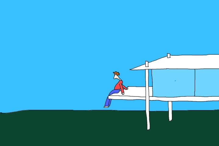 A small figure in red and purple sits on the edge of a raised white structure against a broad blue sky.