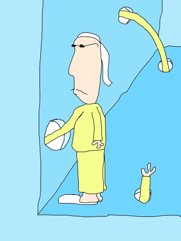 A figure in pale yellow clothing reaches into a circular opening in a blue wall, while yellow sleeves and a hand emerge from other holes.
