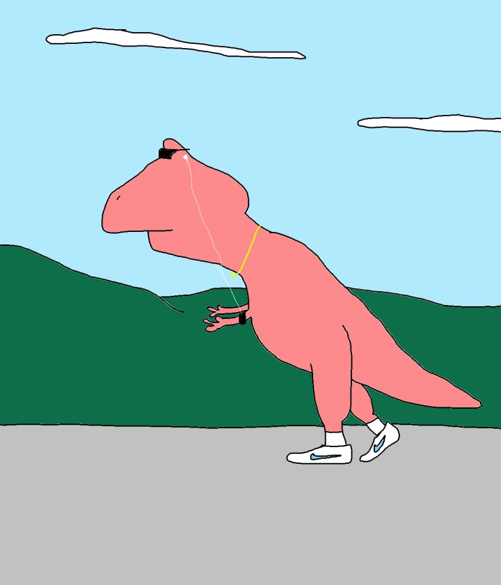 A pink dinosaur wearing dark glasses, earphones and white trainers strides along a grey road, with dark green hills beneath a pale blue sky.