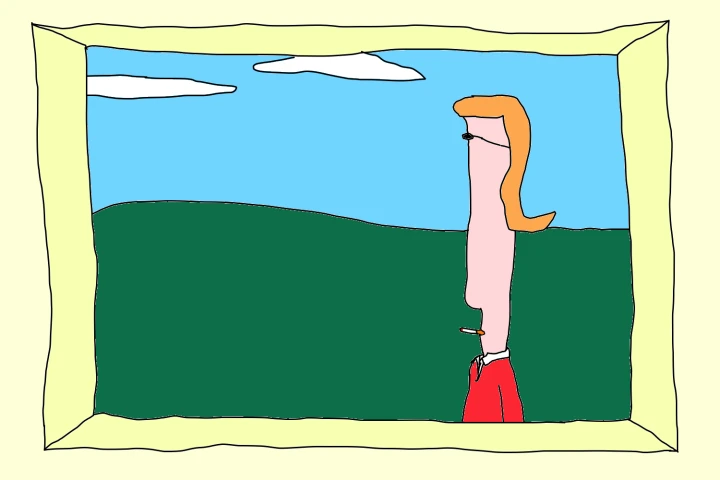 A narrow-faced figure with swept orange hair, small glasses and a cigarette appears within a pale yellow frame, against green hills and a blue sky.