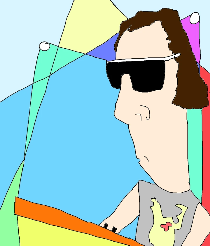 A brown-haired figure wearing oversized black sunglasses and a grey sleeveless top fills the foreground, with overlapping coloured light beams behind an orange-edged keyboard.