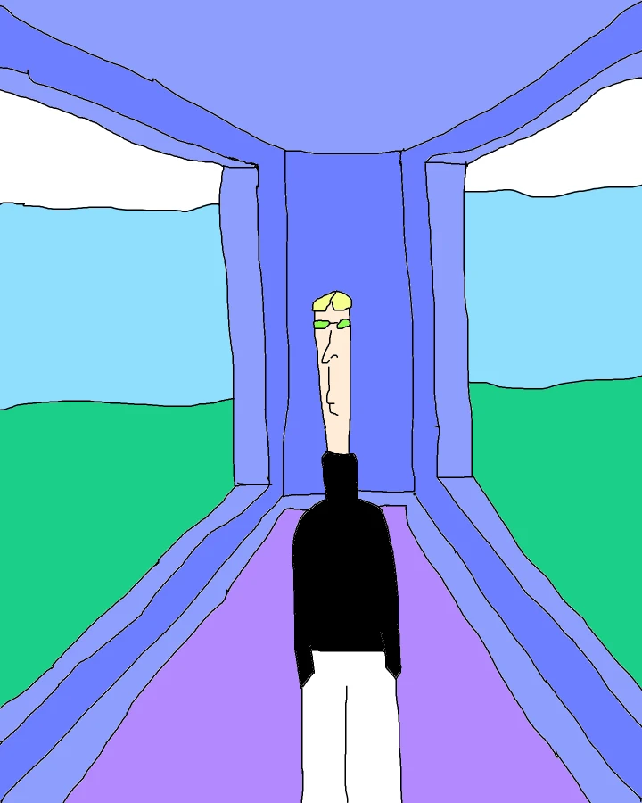 A blond figure with green glasses and an elongated face stands in a purple corridor, wearing a black high-necked top and white trousers.