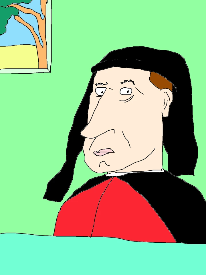 A wide-eyed figure with a long nose wears red and black clothing and a black head covering, against a pale green wall with a framed landscape.