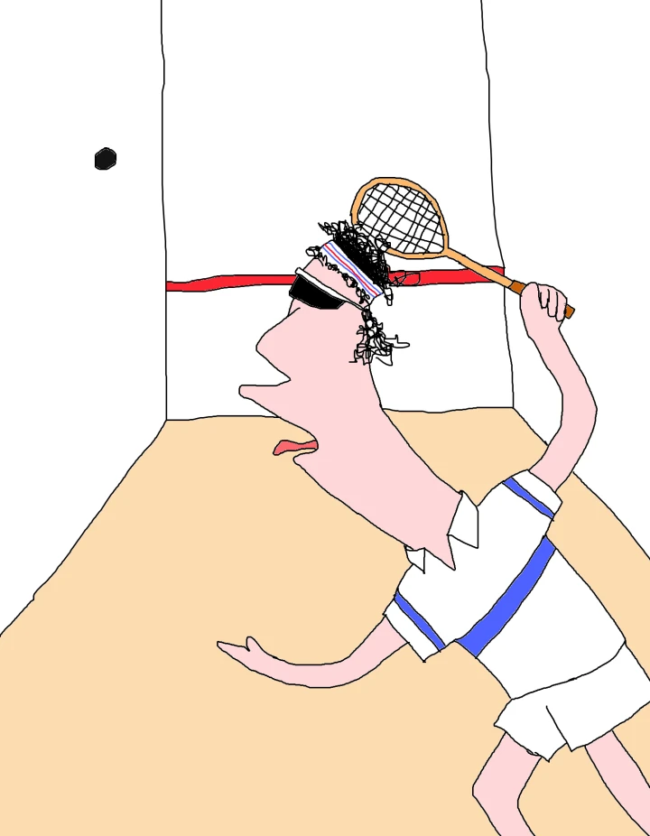 A long-faced player in dark glasses and a striped white sports outfit raises a racket behind their head as a black ball crosses the court.