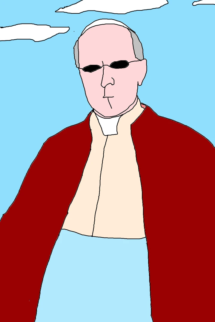 A figure with grey side hair, a white cap and narrow black sunglasses wears a dark red outer garment over cream clothing beneath a blue sky.