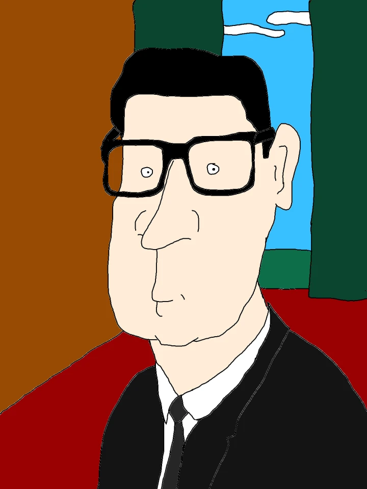 A close-up portrait of a black-haired figure wearing thick black glasses, a dark suit and tie, with green curtains framing blue sky behind.