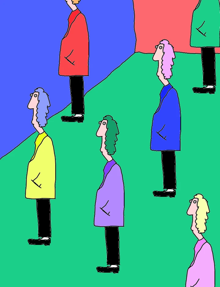 Rows of side-facing figures in brightly coloured coats and black trousers stand on a green floor, with blue and pink walls cutting diagonally through the composition.