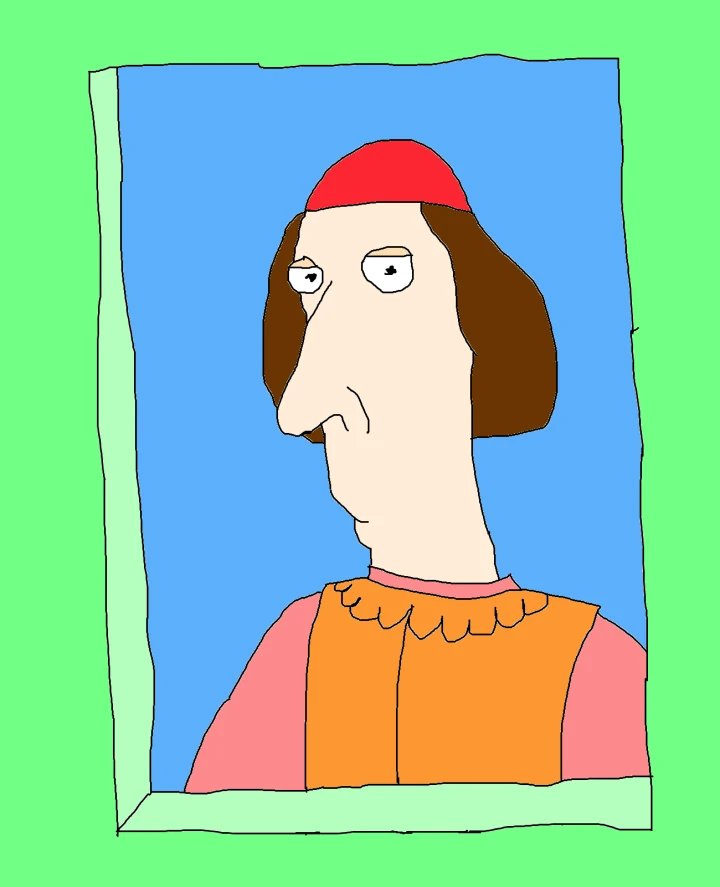 A green frame surrounds a portrait of a brown-haired figure wearing a red cap, pink sleeves and an orange scalloped collar against blue.