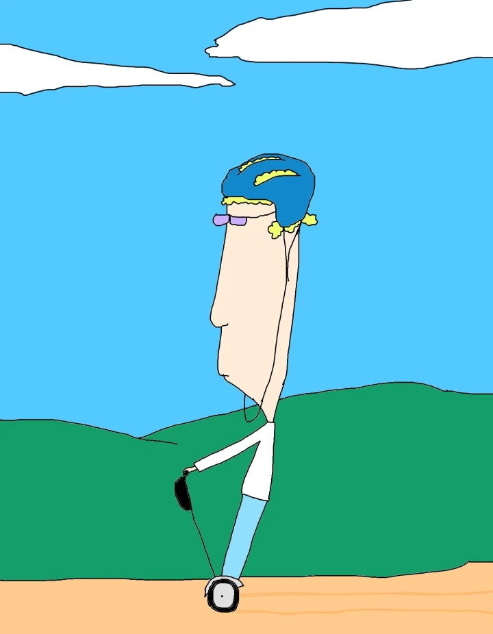 A helmeted figure with small purple glasses rides an upright scooter along a sandy path, with green hills and white clouds behind.