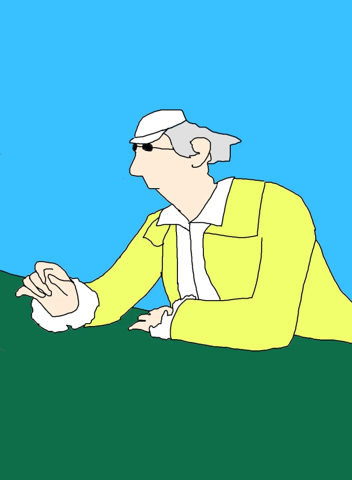 A grey-haired figure in a white hat, dark glasses and a bright yellow jacket leans over a green surface, one hand extended against a blue background.