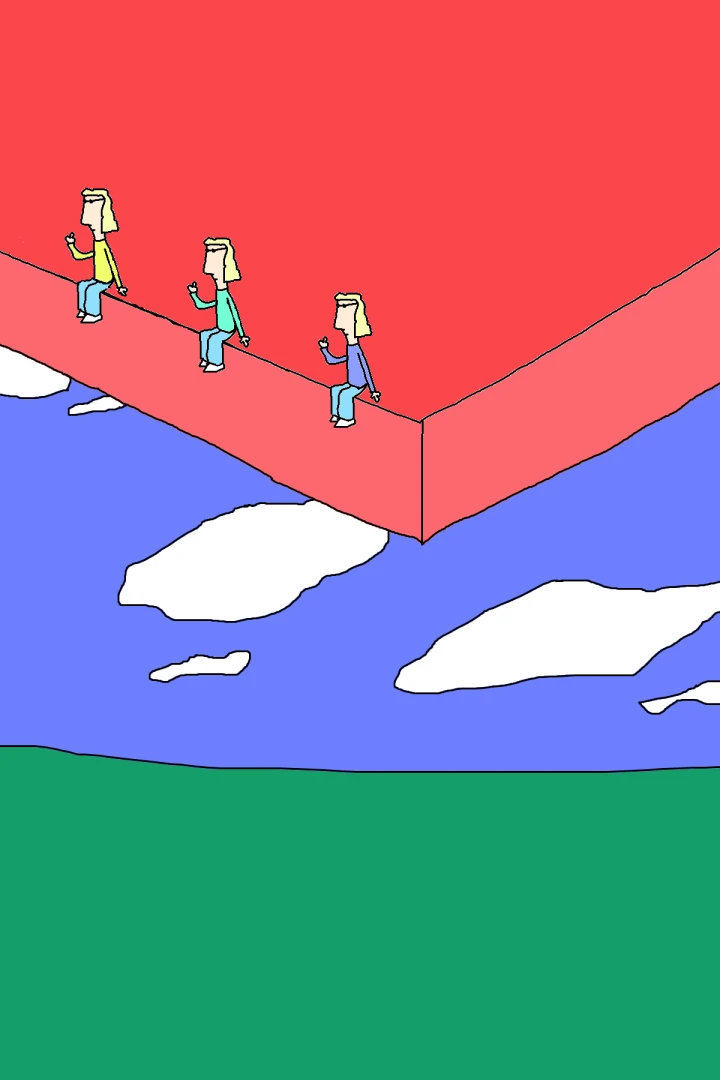 Three blond figures in different coloured tops sit along the edge of an enormous red block, above white clouds and a strip of green ground.