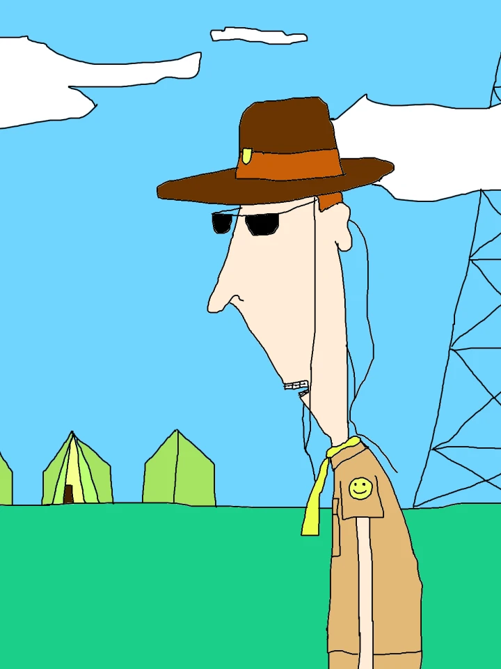 A figure in a broad brown hat, dark sunglasses and tan uniform wears a yellow tie, with green tents and a pylon in the background.