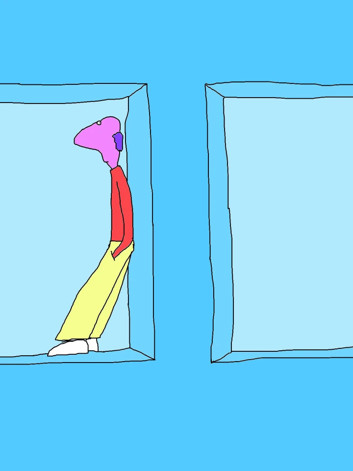 A purple-headed figure in a red top and pale yellow trousers leans inside the left of two large rectangular recesses in a blue wall.