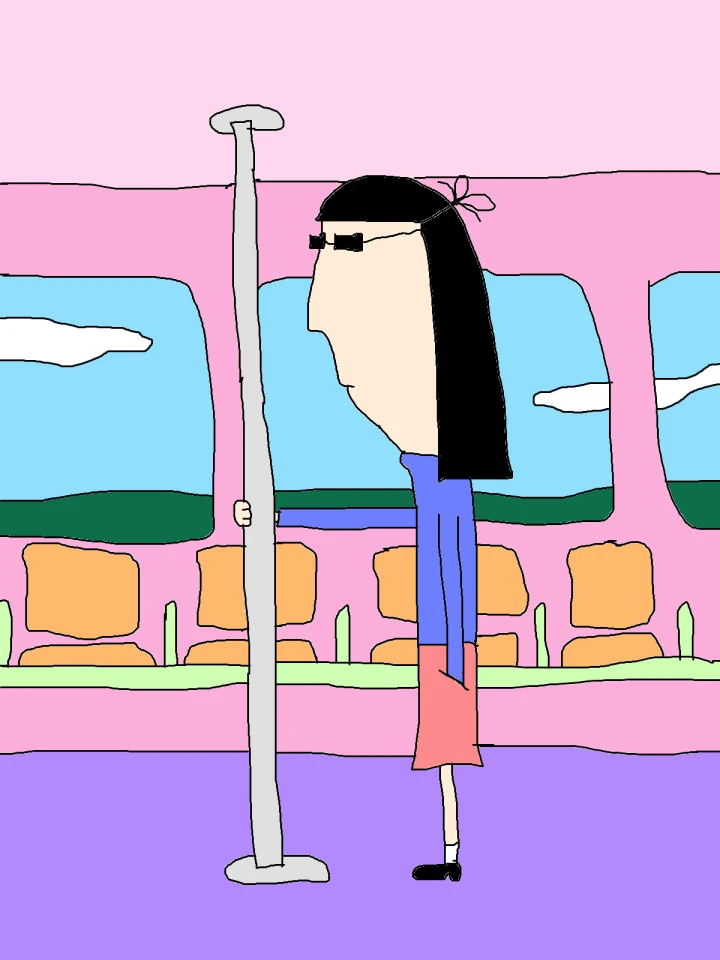 A black-haired figure holds a pole inside a pink train, with orange seats and green hills visible through the windows.