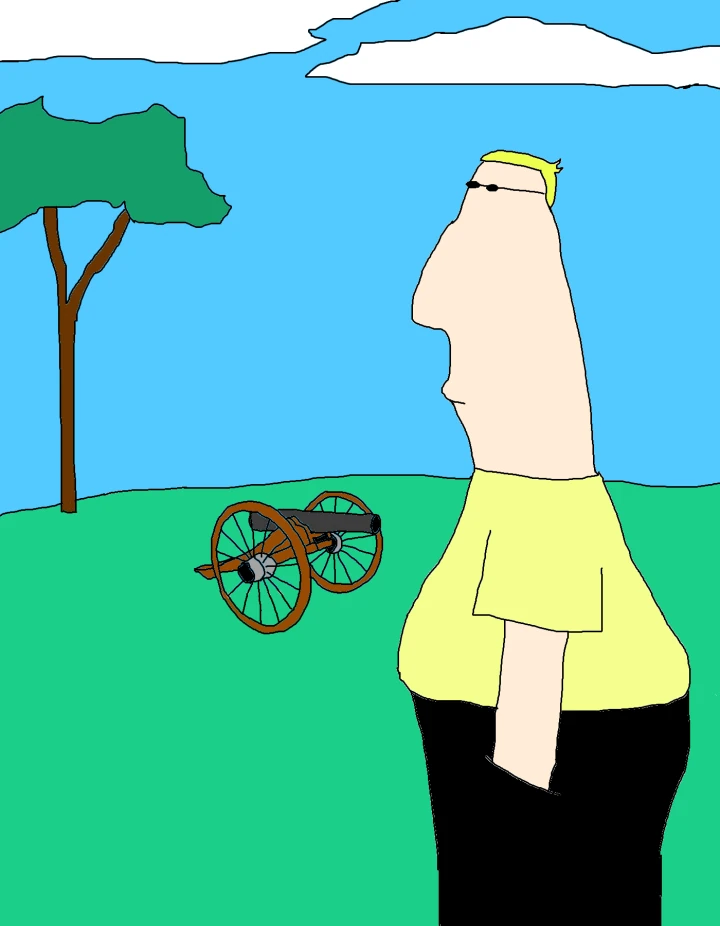 A blond figure in small dark glasses and a pale yellow shirt fills the foreground, with a wheeled cannon and tree on green grass behind.