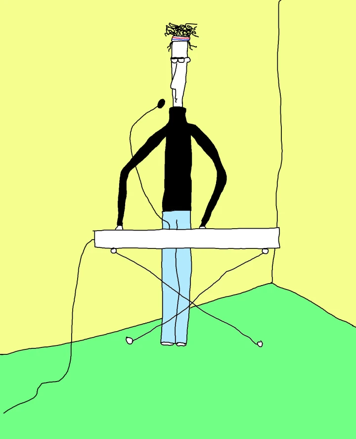 A tall, thin figure in a black top and pale blue trousers stands at a white keyboard and microphone, surrounded by yellow walls and a green floor.