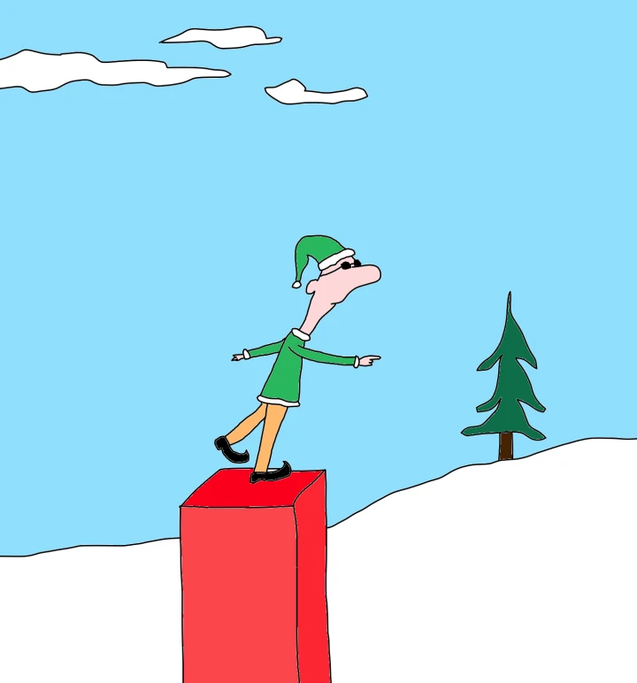 A figure in a green pointed hat and matching white-trimmed top balances on a tall red block beside snowy ground and a lone evergreen tree.