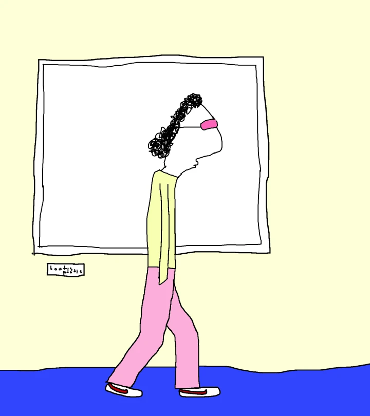 A curly-haired figure wearing pink glasses, a pale yellow shirt and pink trousers walks past a large blank frame above a blue floor.