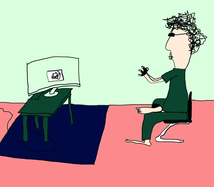 A barefoot figure in dark green sits facing a computer on a green desk, in a pale green room with a pink floor.