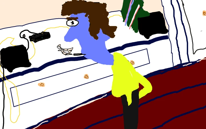 A blue-faced figure with brown hair and a bright yellow shirt stands beside white drawers, surrounded by loose cables and dark objects above a red floor.