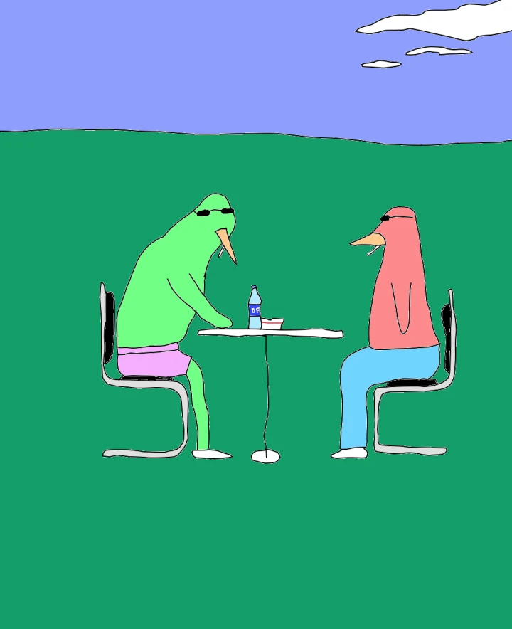 Green and pink bird-like figures in sunglasses sit opposite each other at a small table with a bottle and cup, surrounded by green ground.