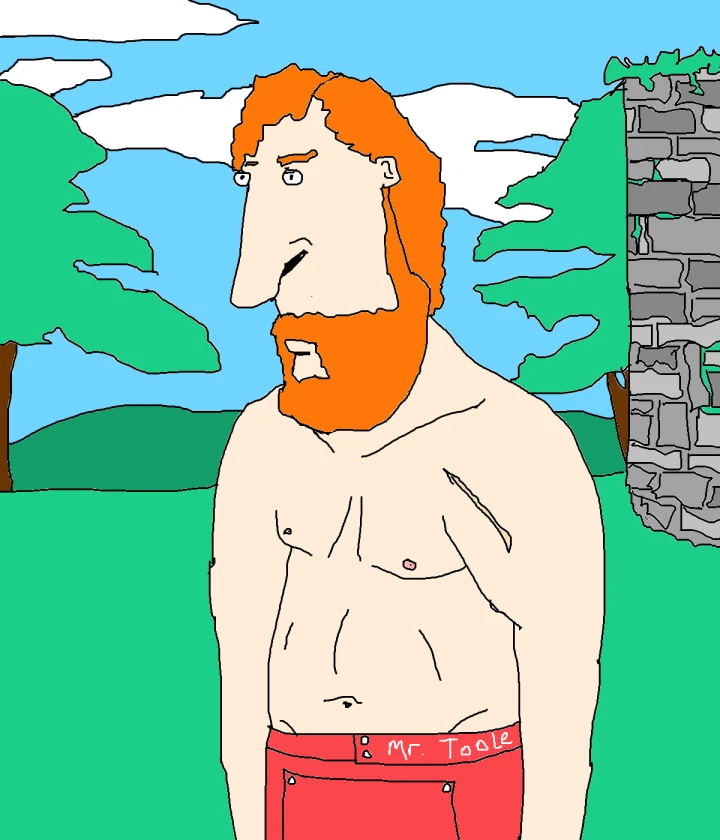 A bare-chested figure with bright orange hair and a full beard wears red trousers, standing among green trees beside a grey stone wall.