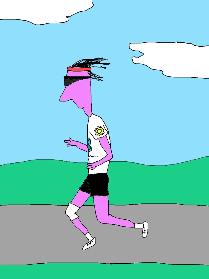 A purple runner in black sunglasses, a red headband and a white patterned shirt strides along a grey path between green grass and blue sky.