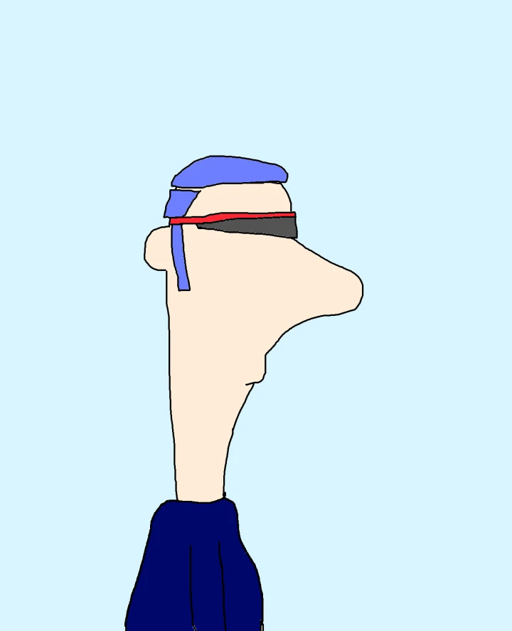 A long-necked figure with purple hair and a narrow black visor with red trim faces right, wearing a dark blue top against a pale blue background.