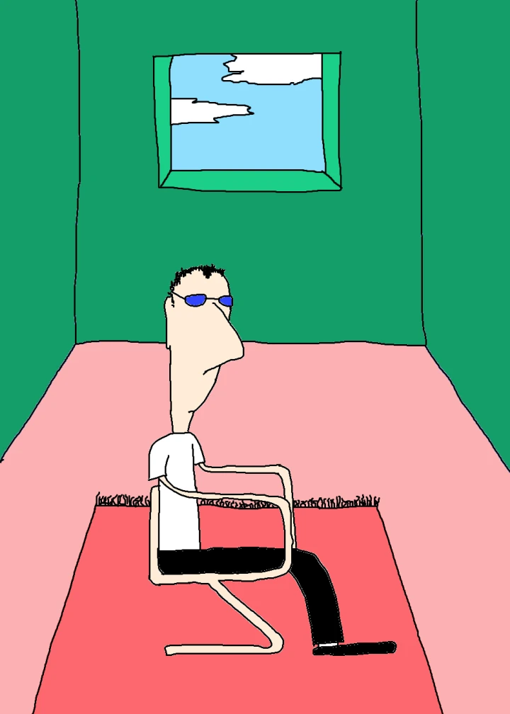 A figure wearing blue glasses, a white shirt and black trousers sits on a thin-framed chair in a green room with a pink floor and small window.