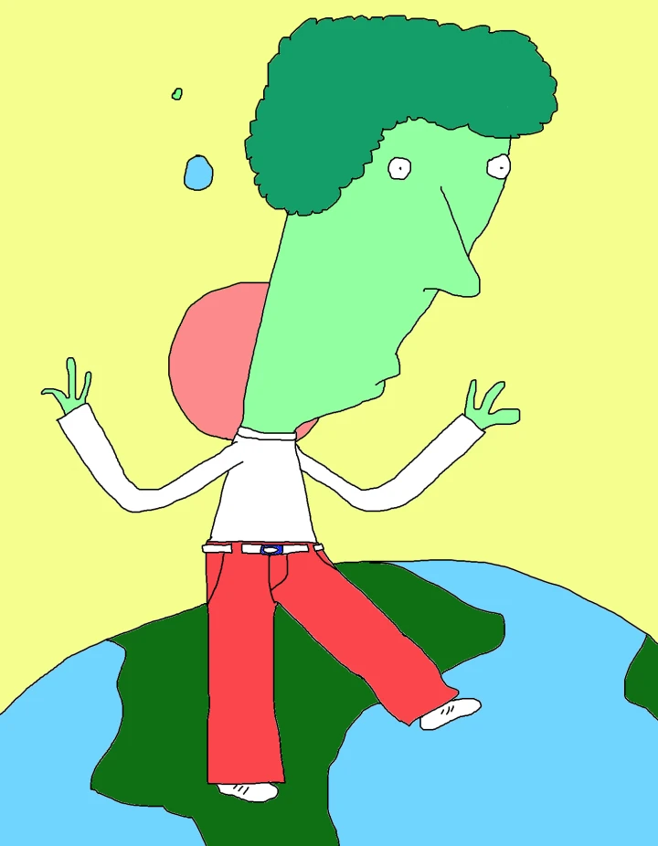 A green-faced figure with dark green hair, a white shirt and red trousers balances on a blue-and-green globe, arms raised against a pale yellow background.