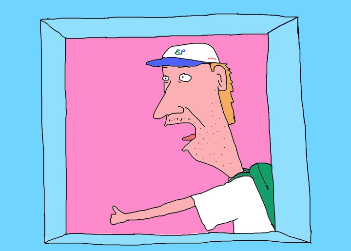 A figure in a white cap and shirt carries a green backpack and extends one thumb, set against pink within a wide blue frame.