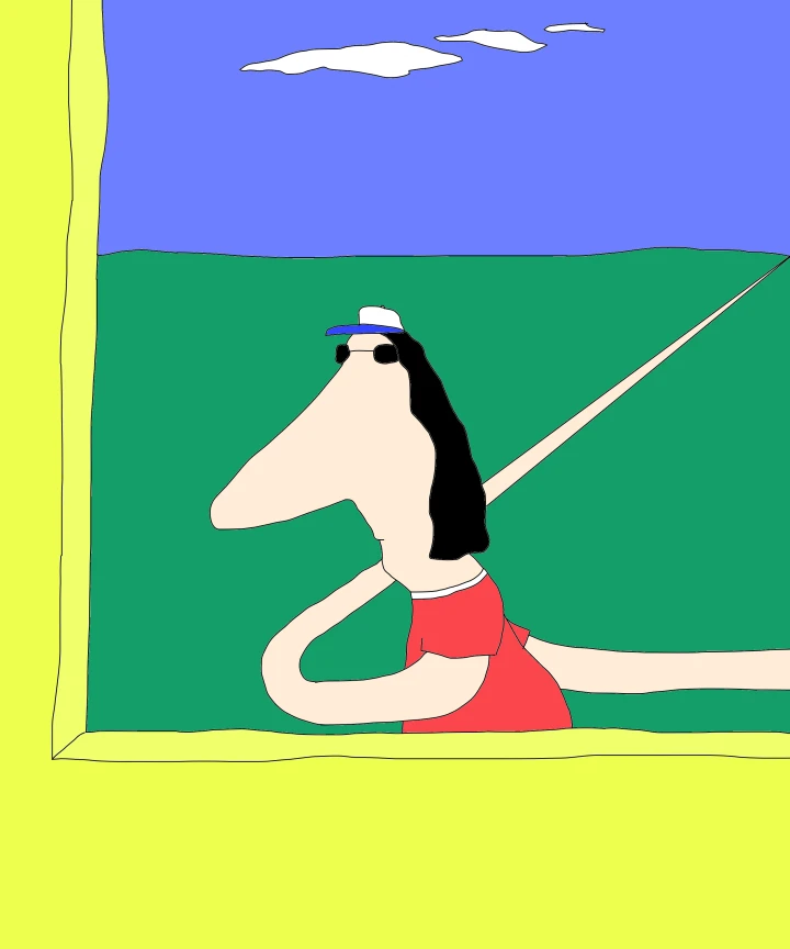 A long-nosed figure in sunglasses, a white cap and red top stretches elongated arms across a green landscape, enclosed by a bright yellow frame.