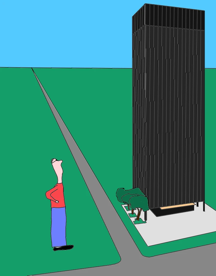 A small figure in red and purple looks up at a tall black building beside a grey road on flat green ground.