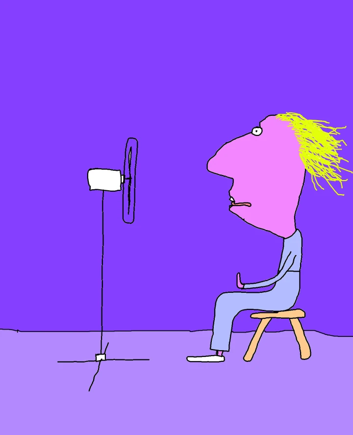 A pink-faced figure with yellow hair sits on a wooden stool facing a standing fan, wearing pale blue clothing in a purple room.