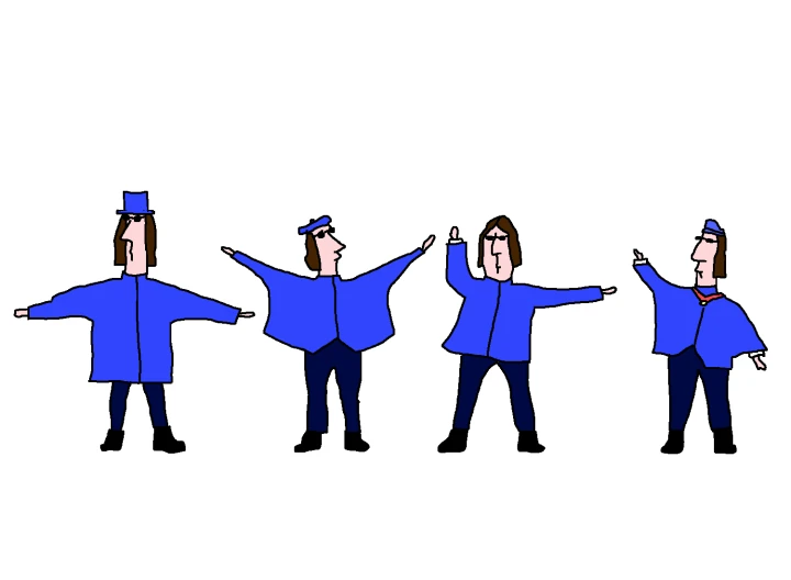 Four brown-haired figures in blue jackets, dark trousers and black shoes stand in a row, holding their arms in different positions against white.