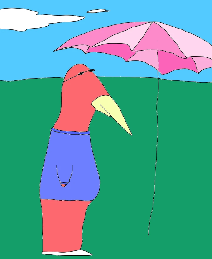 A pink birdlike figure with a long yellow beak, dark glasses and a purple top stands beneath a pink parasol against green ground and blue sky.