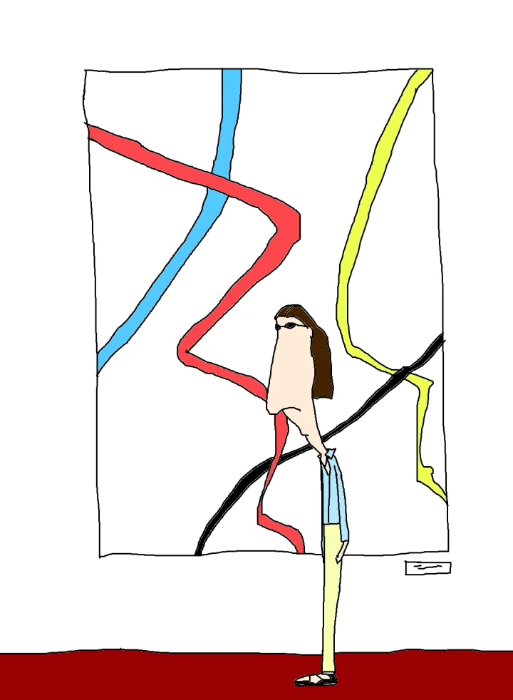 A long-haired figure in sunglasses stands before a large white picture crossed by winding red, blue, yellow and black lines, above a dark red floor.