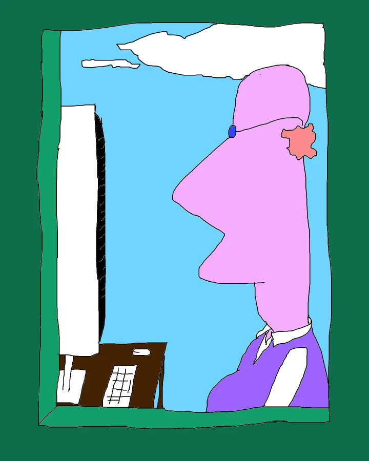 A pink figure with tiny blue glasses and a purple waistcoat faces a large white computer monitor, with a keyboard below and a dark green border.